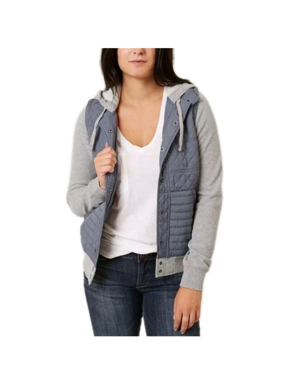 RVCA Quilted Hybrid Hooded Jacket Blue Grey Snap Front Puffer Fleece Sz M